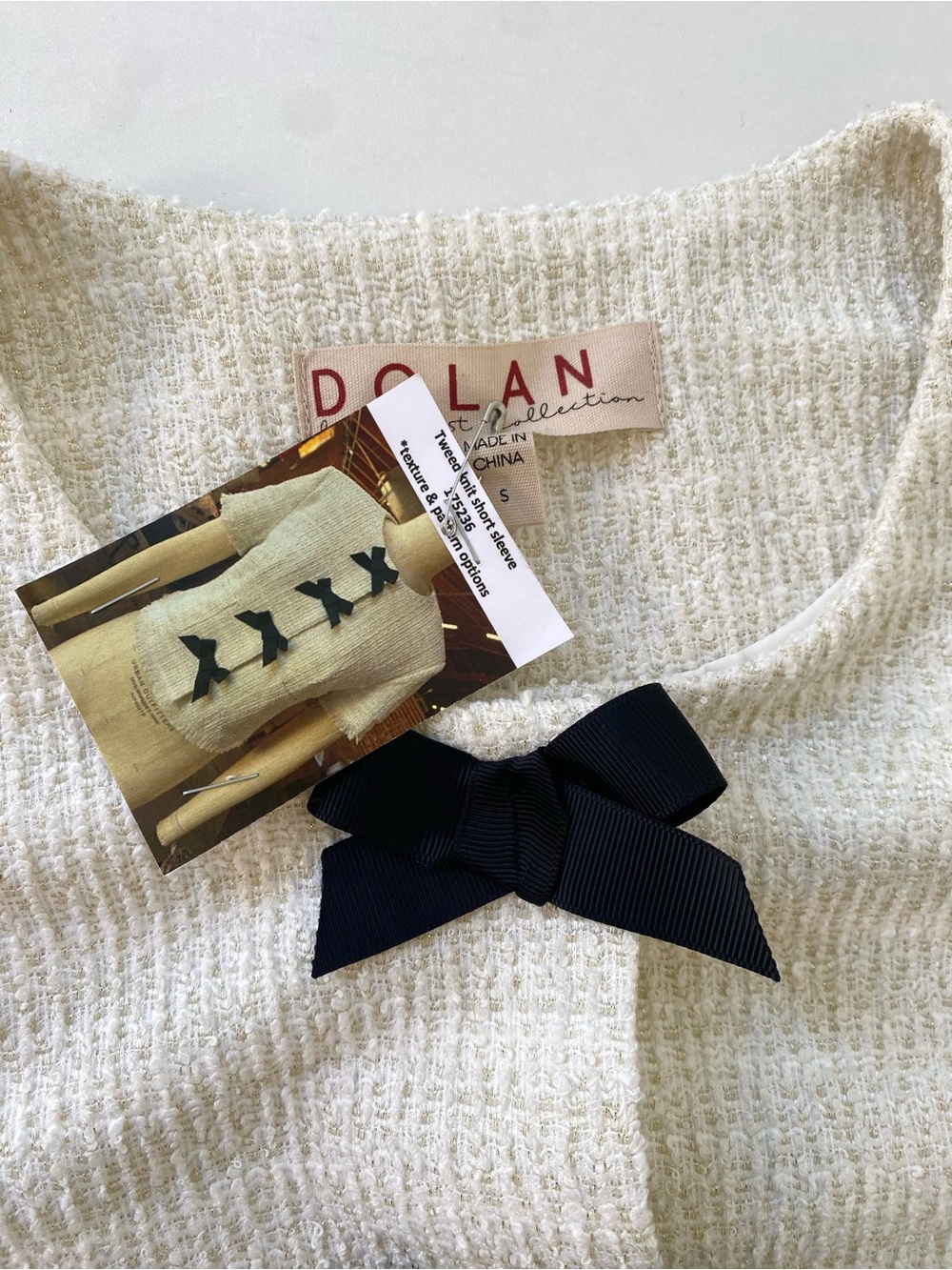 Dolan NWT Tweed Fringe Left Coast Ivory Gold Black Bow Cropped Jacket S - Picture 6 of 10